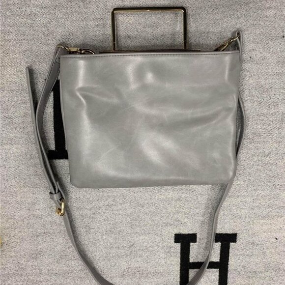 Bebe- gray crossbody bag with gold accents/handle. 2 large compartments. Adjusta - Picture 7 of 10